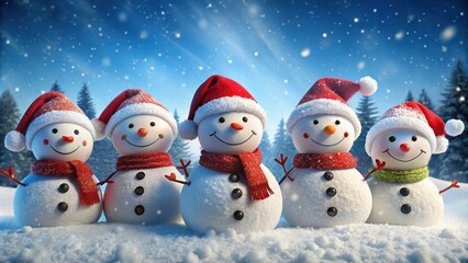 Snowmen wearing Santa hats and smiling brightly, Christmas, winter, holiday, cute, snow, decorations, festive, cheerful, happy