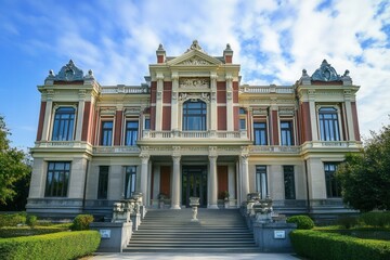 Obraz premium A grand, historic mansion with a symmetrical facade and a grand staircase.