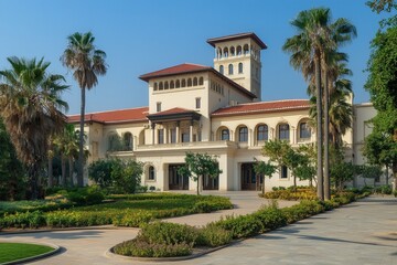 Obraz premium A grand Mediterranean-style mansion with a manicured lawn and palm trees.