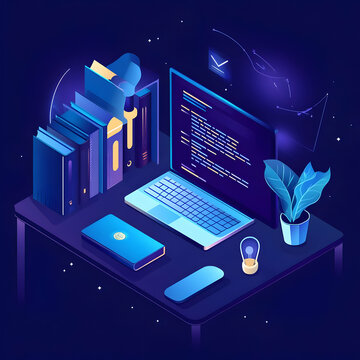 3D Illustration -  Laptop, Code, Books, and Desk in Dark Blue