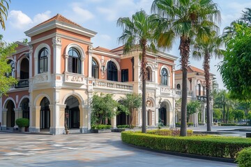 Fototapeta premium A grand, Mediterranean-style mansion with a manicured lawn, palm trees, and arched entrances.