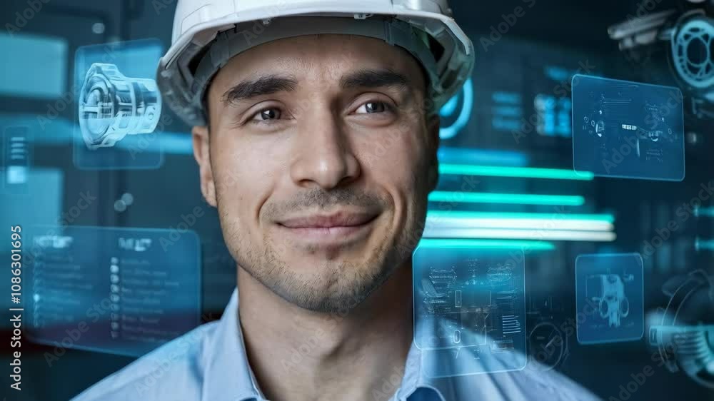 Poster a smiling man in a hard hat with digital interfaces displaying engineering data.