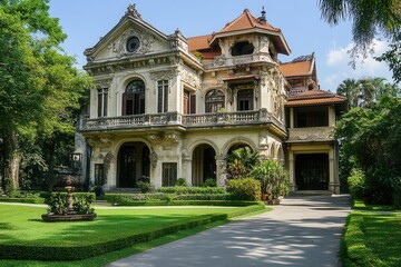 Fototapeta premium A grand old mansion with a manicured lawn and fountain in front.