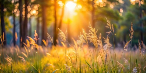 Wild grasses in a forest at sunrise, creating a blurred abstract nature background, wilderness, foliage, morning light