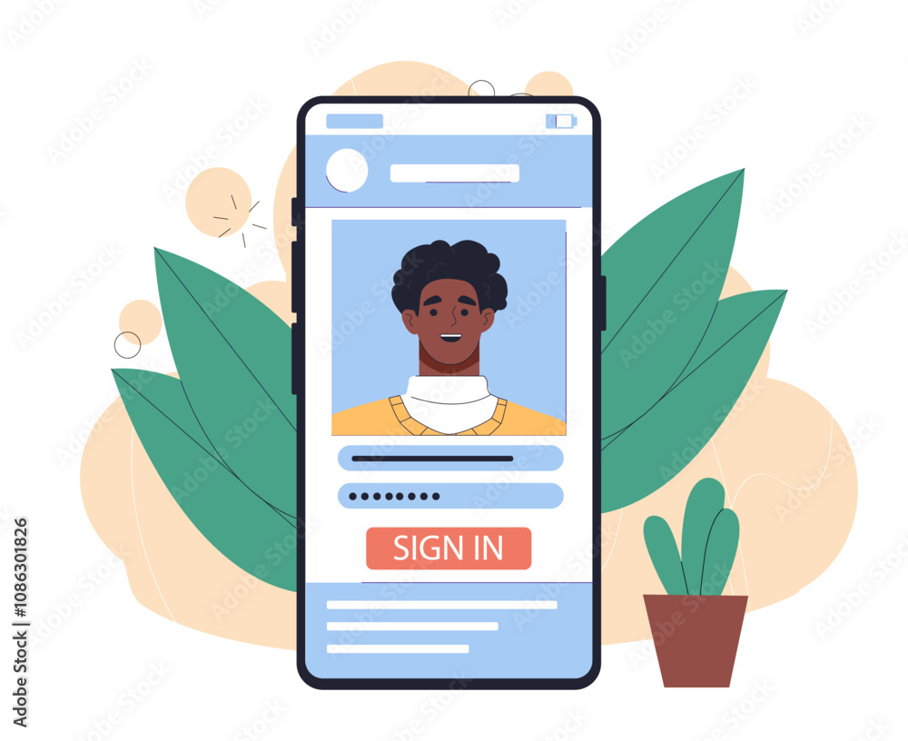 Poster man with account registration. young guy enters his username and password on smartphone screen. prof
