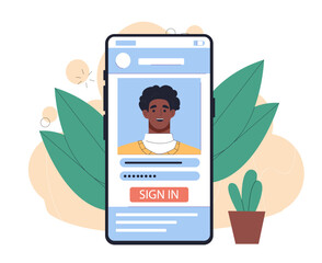 Man with account registration. Young guy enters his username and password on smartphone screen. Profile on social, networks on website. Flat vector illustration isolated on white background