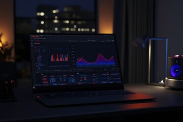 High-Tech Laptop Displaying Data Visualization Charts in a Dark Office Environment with Ambient Lighting and Night City View in the Background