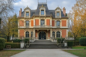 Naklejka premium A grand, red brick mansion with a symmetrical facade, stone steps leading to the front door, and a manicured lawn in the foreground.