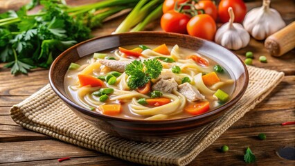 Hot chicken soup with noodles and assorted vegetables , hot, chicken soup, noodles, vegetables, comforting, warm, nutritious