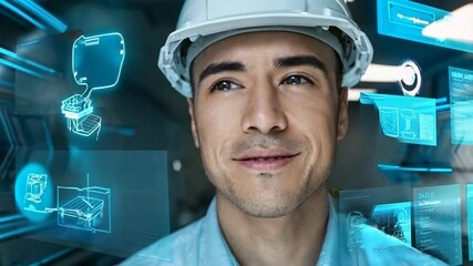 A smiling professional in a hard hat surrounded by digital interface elements. - Powered by Adobe