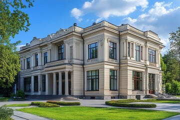 A grand, white mansion with a manicured lawn, a path leading up to the entrance, and lush green trees in the background.