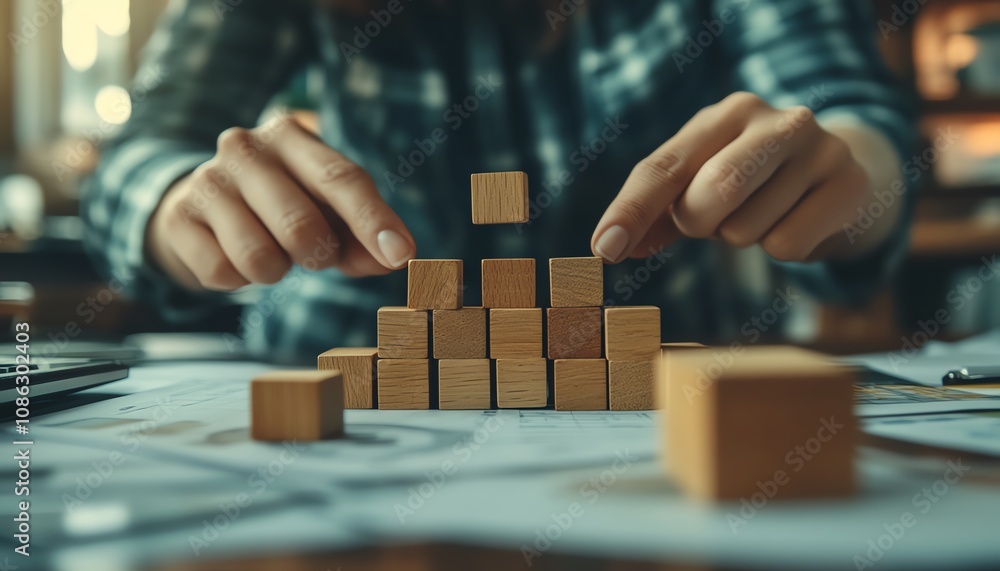 Aufkleber closeup of hands stacking wooden blocks with icons related to accounting