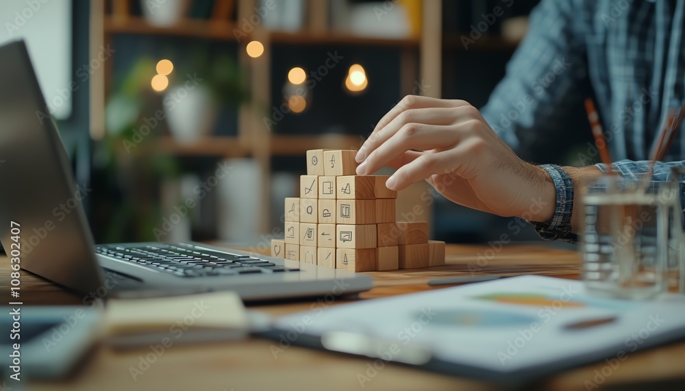 Poster closeup of hands stacking wooden blocks with icons related to accounting