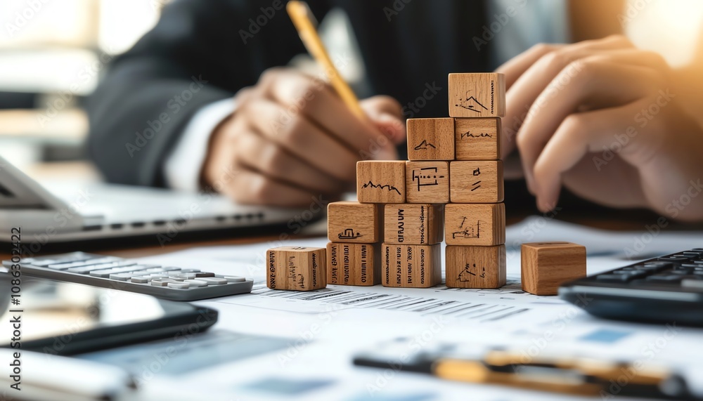 Poster closeup of hands stacking wooden blocks with icons related to accounting