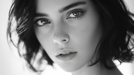 Fototapeta premium Close-up portrait of a young woman with freckles, looking directly at the camera.