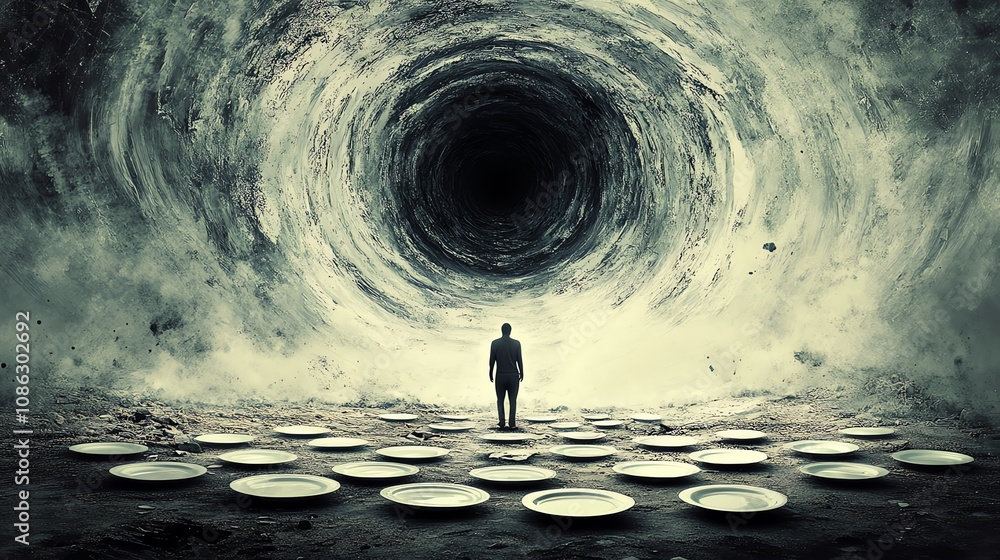 Poster a lone figure stands before a swirling black hole, surrounded by empty plates, symbolizing emptiness