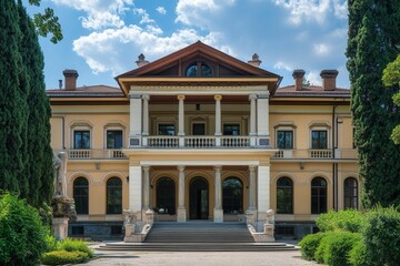 A grand, yellow-colored mansion with a large, white-columned porch and a beautiful, green lawn.