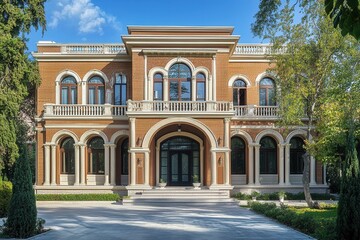 Fototapeta premium A large, luxurious brick home with a large front door and a balcony.