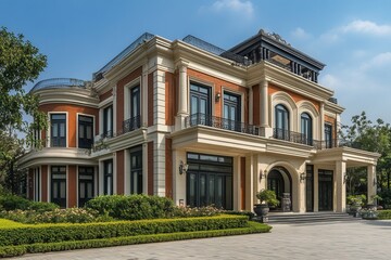 Obraz premium A large, luxurious, brick house with white trim and black windows.