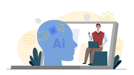 Man with AI. Young guy with laptop works with artificial intelligence. Modern technologies and innovations. Futuristic teamwork. Flat vector illustration isolated on white background