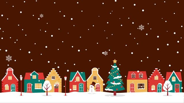 Animated Christmas vector background with colorful houses and trees in snow