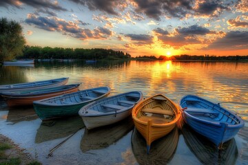 Fototapeta premium Serenity at Sunset: Colorful Boats by the Reflective Lake