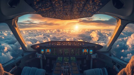 Airplane cockpit sunset above clouds.