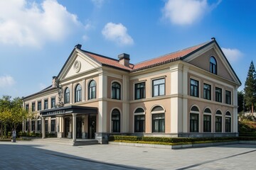 Obraz premium A large, stately building with a classical facade and a symmetrical design.