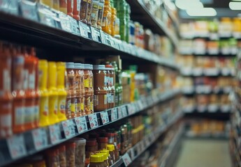 A well-stocked supermarket aisle with rows of jars and bottles on shelves.