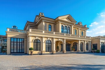 Obraz premium A large, two-story, luxury mansion with a grand entrance, multiple balconies, and a paved driveway.