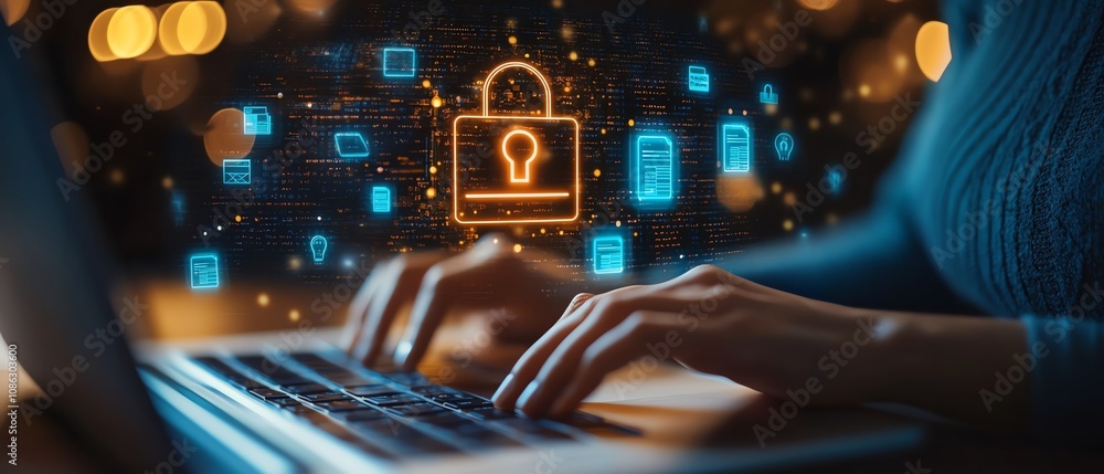 Poster Closeup of hands on a laptop, digital icons for data protection and document management floating above, modern business technology, generative AIdriven interface