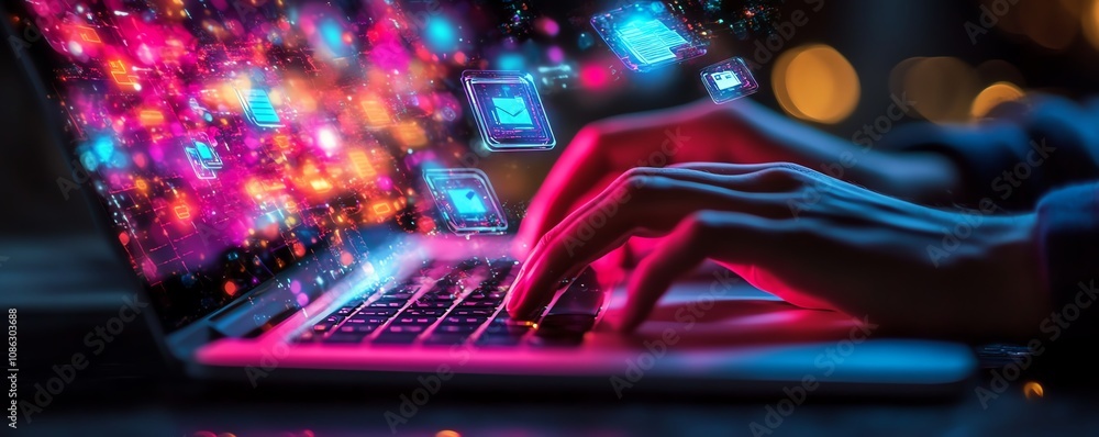 Poster Closeup of hands typing on a laptop, digital icons floating above, representing online document management and data protection, generative AI technology