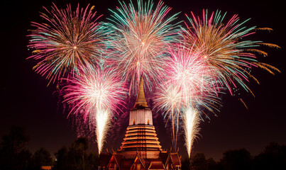 New Year Fireworks Over Thai Pagoda