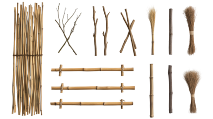 Collection of bamboo crafting materials. transparent background