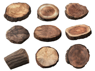 Collection of diverse wood log slices. transparent background
