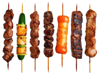 Delicious skewers of grilled meats and vegetables. transparent background