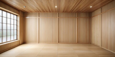Fototapeta premium Minimalist Muji-inspired empty room with wooden panels wall background, empty, room, Muji, minimalist, wood, panels