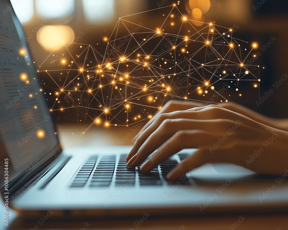 Poster Hands typing on a laptop, floating digital icons representing online document management and data protection, modern generative AI business technology