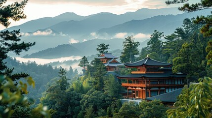 Panoramic view of a traditional Asian temple nestled in a forest