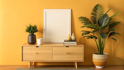 Modern Minimalist Interior Design with a Yellow Wall and a Wooden Cabinet.