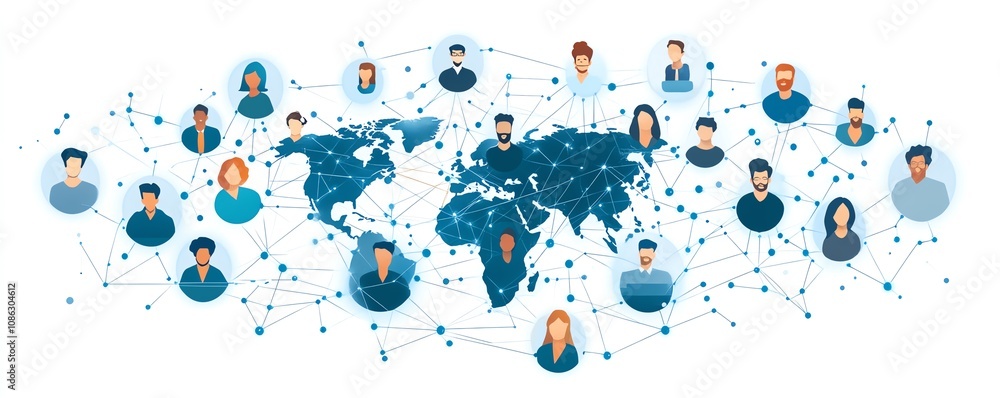 Poster Hightech global network representation, people connected by digital pathways, futuristic AIinspired icons around the globe, vibrant blue and white color scheme, sleek design