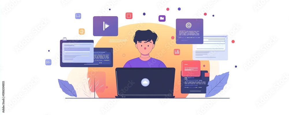 Poster laptop user managing digital documents, icons representing text, images, and data points floating ab