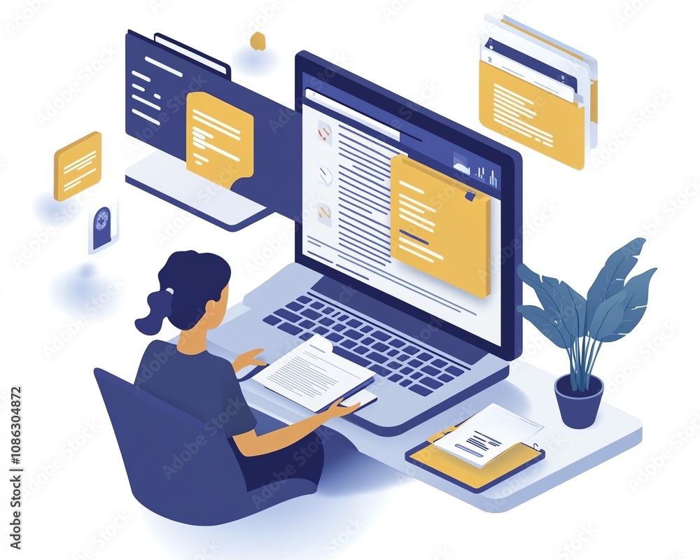 Aufkleber Person accessing an online document management platform on their laptop, digital documents and icons floating on the screen, innovative generative AI technology