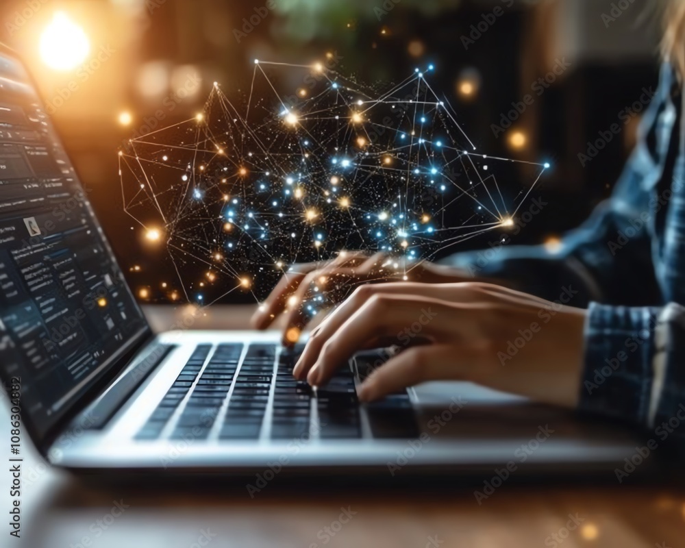 Leinwandbilder Person accessing an online document management platform on their laptop, digital documents and icons floating on the screen, innovative generative AI technology
