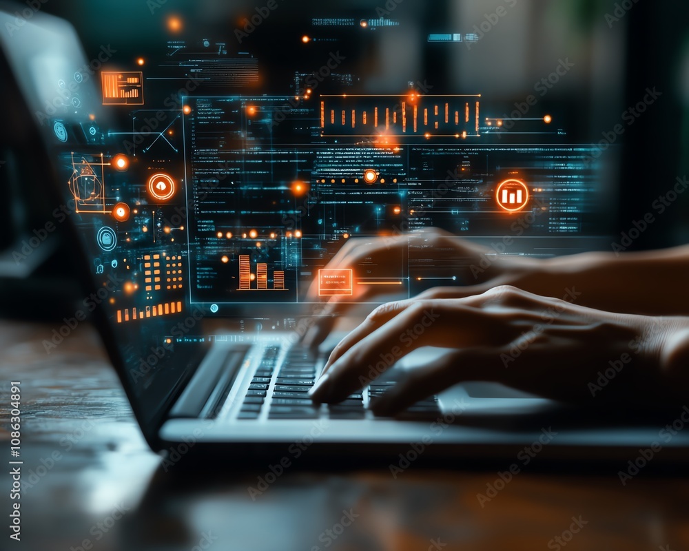 Poster Person accessing an online document management platform on their laptop, digital documents and icons floating on the screen, innovative generative AI technology