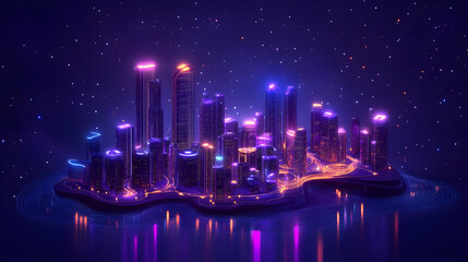 3D Illustration - Neon City Island at Night