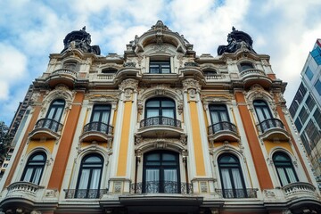 Fototapeta premium A low-angle view of a grand, ornate, yellow and white building with black wrought iron balconies and windows, against a partly cloudy sky.