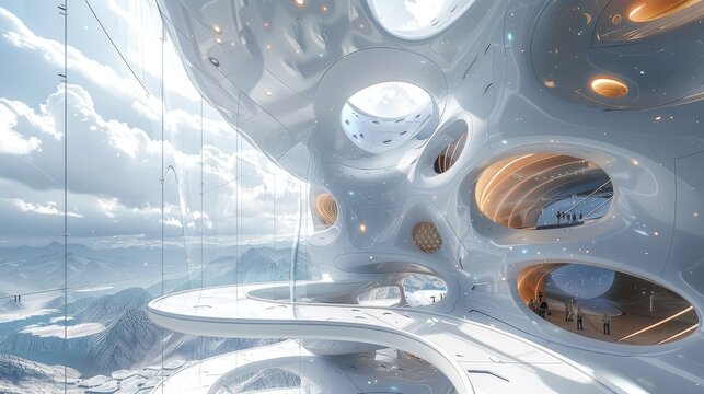 Perspective view of a futuristic tower with curved shapes