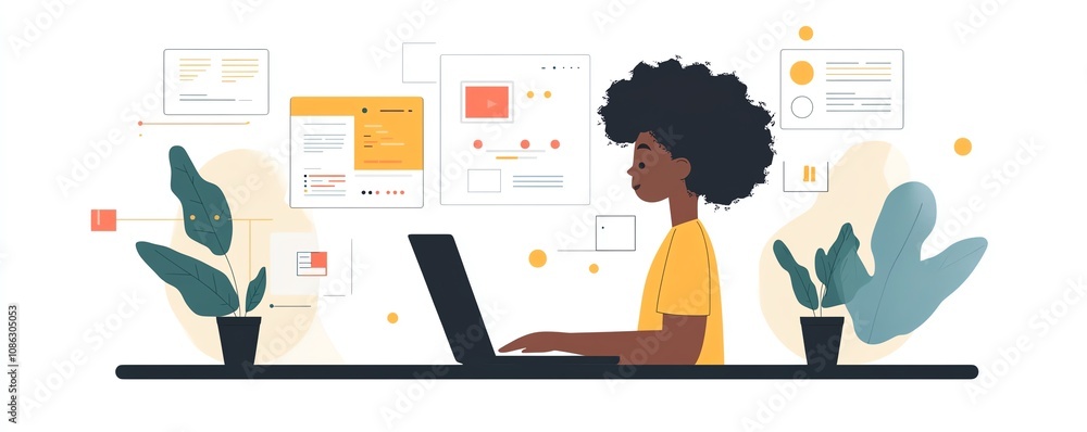 Fototapete Person using a laptop interface to create and manage digital documents, with icons representing text, images, and data points, generative AI concept