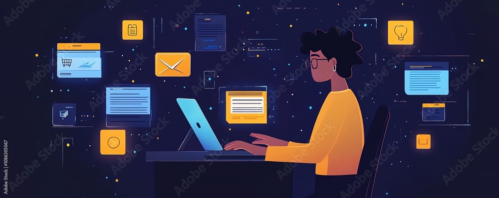 Poster Person using a laptop to access an online document management system, with digital documents and floating icons around them, generative AI theme